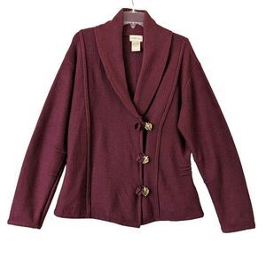 Through the Country Door 1X Merlot Cardigan Sweater Lagen Look Maple Leaf Button